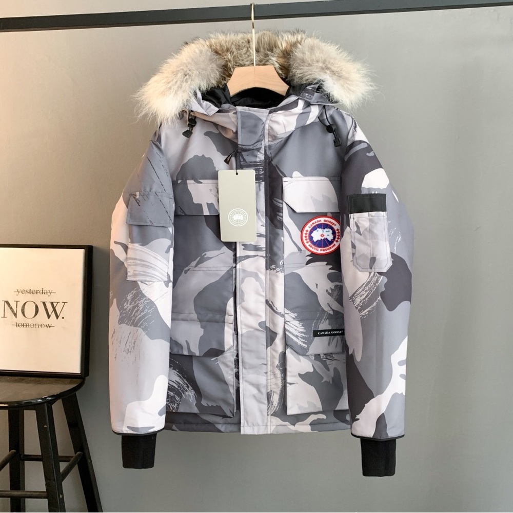 Canada Goose Grey Camouflage Puffer Jacket with Fur-Trim Hood